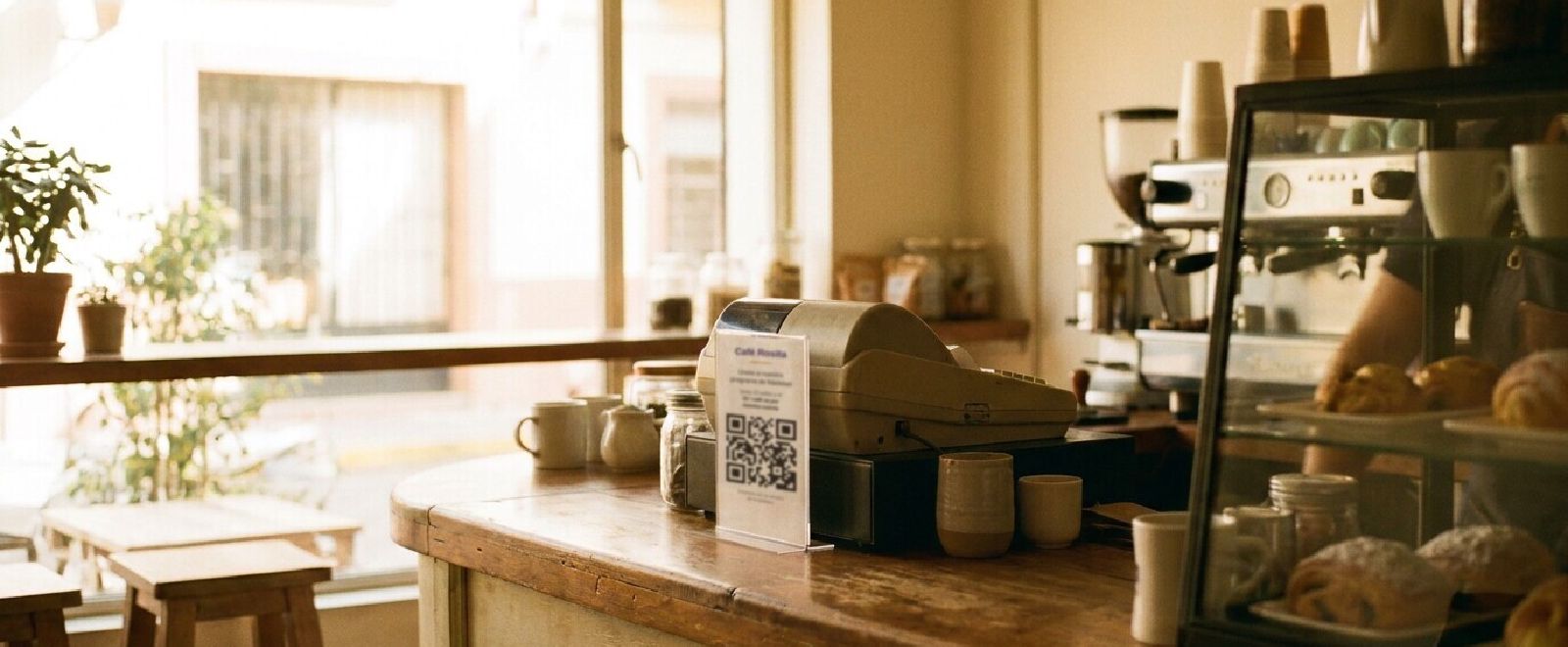 Mostrador de una cafetería con el código QR de Ponch junto a la caja