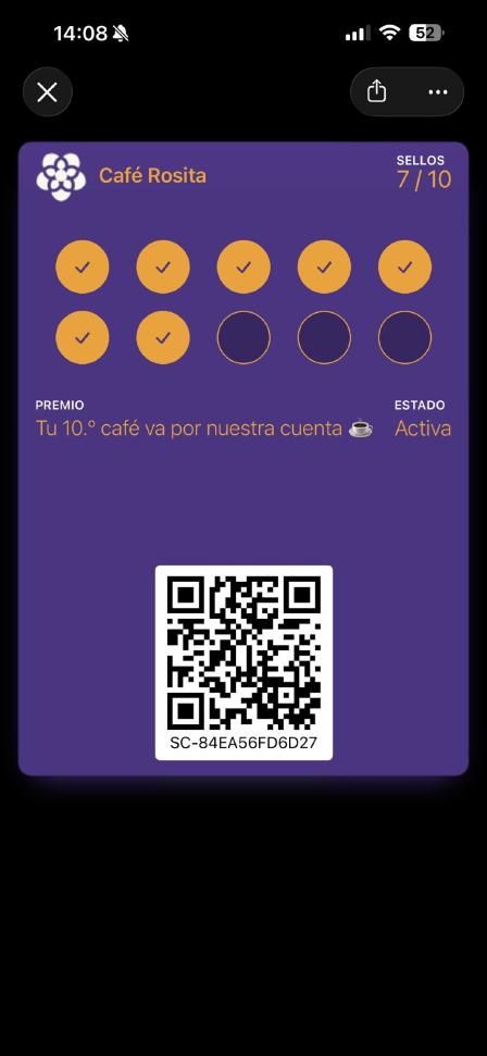 Tarjeta de sellos de Ponch dentro de Apple Wallet en un iPhone